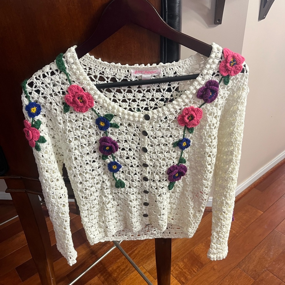 Betsey Johnson Cream Crochet Cardigan with Pink & Purple Flower Accents